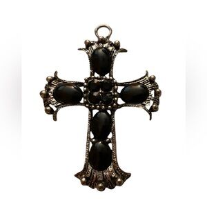 Vintage Silver tone Black Onyx Cross Pendant 3 “ 6 Stones